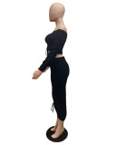 Off Shoulder Flounce Sleeve Crop Top & Ruched Pencil Skirt