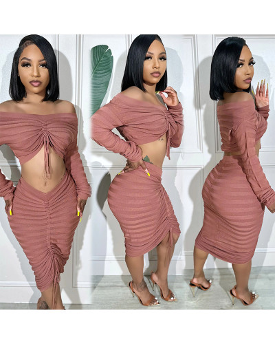 Off Shoulder Flounce Sleeve Crop Top & Ruched Pencil Skirt