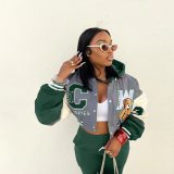 Women Casual Pocket Print Hoodie Baseball Jacket and Pant Two-Piece Set