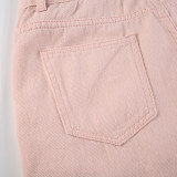 High-waist Zipper Spliced Tassel Loose Flare Pink Denim Pants