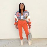 Women Casual Pocket Print Hoodie Baseball Jacket and Pant Two-Piece Set