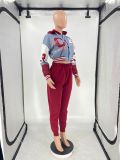 Women Casual Pocket Print Hoodie Baseball Jacket and Pant Two-Piece Set
