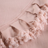 High-waist Zipper Spliced Tassel Loose Flare Pink Denim Pants