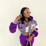 Women Casual Pocket Print Hoodie Baseball Jacket and Pant Two-Piece Set