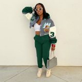 Women Casual Pocket Print Hoodie Baseball Jacket and Pant Two-Piece Set
