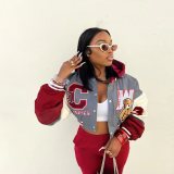Women Casual Pocket Print Hoodie Baseball Jacket and Pant Two-Piece Set