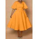 Elegant Solid Thicken Patchwork V Neck A Line Short Sleeve Dress