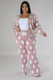 Womens Argyle Pattern Knitted Outfits Long Sleeve Cardigan Pants Set 2 Pcs S-4XL