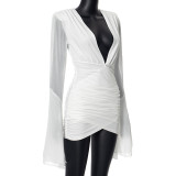 Sexy V Neck Elegant Low Cut Mini Dress Wrap 2023 Flare Ruched Dresses