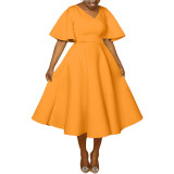 Elegant Solid Thicken Patchwork V Neck A Line Short Sleeve Dress