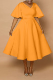 Elegant Solid Thicken Patchwork V Neck A Line Short Sleeve Dress