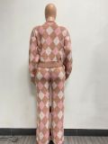 Womens Argyle Pattern Knitted Outfits Long Sleeve Cardigan Pants Set 2 Pcs S-4XL