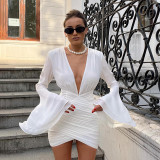 Sexy V Neck Elegant Low Cut Mini Dress Wrap 2023 Flare Ruched Dresses