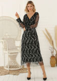 Women's Fringe Sequin Party Dress V-Neck Long Sleeve Glitter Cocktail Evening Dress