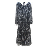 Women's Fringe Sequin Party Dress V-Neck Long Sleeve Glitter Cocktail Evening Dress
