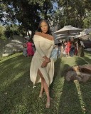 Apricot Off The Shoulder Split Midi Dress