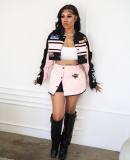Women 3 in 1 Racer Biker Jacket Crop Baseball Varsity Jacket Detachable Skirt Set Sexy 2 Piece Outfits Clubwear