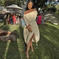 Apricot Off The Shoulder Split Midi Dress