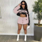 Women 3 in 1 Racer Biker Jacket Crop Baseball Varsity Jacket Detachable Skirt Set Sexy 2 Piece Outfits Clubwear