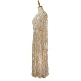 Women's Fringe Sequin Party Dress V-Neck Long Sleeve Glitter Cocktail Evening Dress