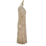 Women's Fringe Sequin Party Dress V-Neck Long Sleeve Glitter Cocktail Evening Dress