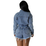 High Elastic Washed Ripped Tassel Denim Rompers