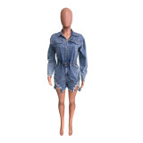 High Elastic Washed Ripped Tassel Denim Rompers