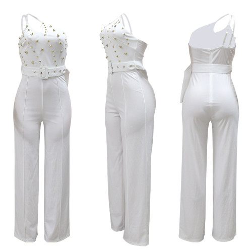 Sexy Casual Solid Backless With Belt Oblique Collar Skinny Jumpsuits