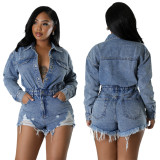 High Elastic Washed Ripped Tassel Denim Rompers