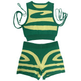Knitted Sweater Stripe 2 Two Piece Short Pant Set Bodycon Sleeveless Crop Top Shorts Set