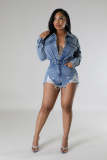 High Elastic Washed Ripped Tassel Denim Rompers