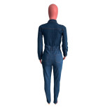 Long Sleeve Denim Jumpsuit Women 2023 Single-breasted Turn Down Collar Overalls