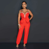 Fashion Women Butterfly Waist Crystal Spaghetti Strap One Piece   Jumpsuit