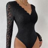 Seductive Solid Color Sheer Panels Lace Long Sleeve Bodysuit