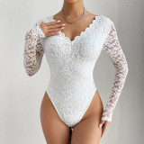 Seductive Solid Color Sheer Panels Lace Long Sleeve Bodysuit