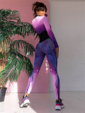 Printed Split-Style Long Sleeve Active Jumpsuit for Sports, Yoga, Swimming, and Fitness