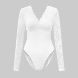 Seductive Solid Color Sheer Panels Lace Long Sleeve Bodysuit