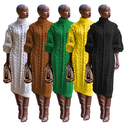 Fashion Turtleneck Lantern Long Sleeve Side Split Slim Maxi Sweaters Pullovers Dresses