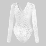 Seductive Solid Color Sheer Panels Lace Long Sleeve Bodysuit