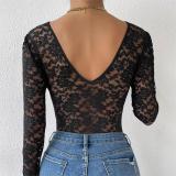 Seductive Solid Color Sheer Panels Lace Long Sleeve Bodysuit