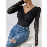 Seductive Solid Color Sheer Panels Lace Long Sleeve Bodysuit