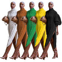Fashion Turtleneck Lantern Long Sleeve Side Split Slim Maxi Sweaters Pullovers Dresses