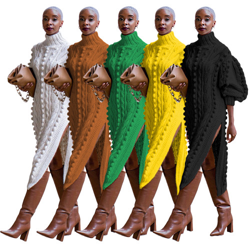 Fashion Turtleneck Lantern Long Sleeve Side Split Slim Maxi Sweaters Pullovers Dresses
