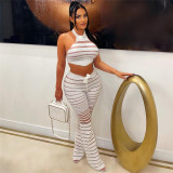 Autumn Sexy See Through Crop Top Patchwork Striated Pants Set