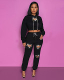 Two Piece Sets Women Outfits Bright Hot Diamond Loving Long Sleeve Hooded Crop Top Pants Lounge Wear