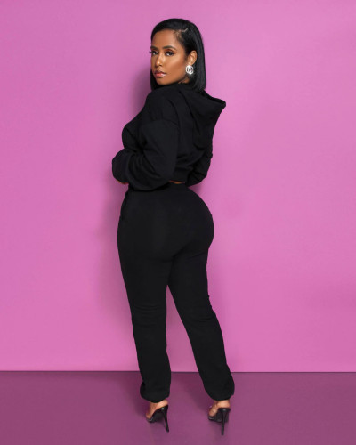 Two Piece Sets Women Outfits Bright Hot Diamond Loving Long Sleeve Hooded Crop Top Pants Lounge Wear