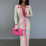 Exquisite Patchwork Collar Women's Long Sleeve Cardigan Dress