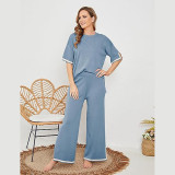 Contrast Short-Sleeve Sweater and Wide-Leg Pants Knit Set