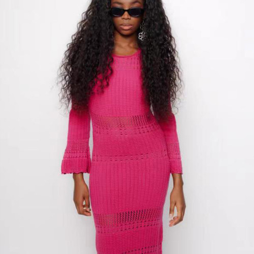 Sexy Hollow Out Backless Knitted Long Sleeve Maxi Dress