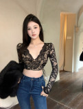 Autumn V Neck Long Sleeve Sexy Embroidery Lace Hollowing Mesh See Through Y2K Street Crop Top Slim Blouses